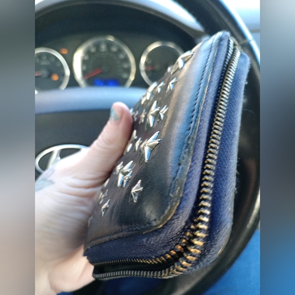 Jimmy Choo Navy Blue Silver Star Studded Martina Leather Zipper Bi-fold Wallet - Picture 11 of 14